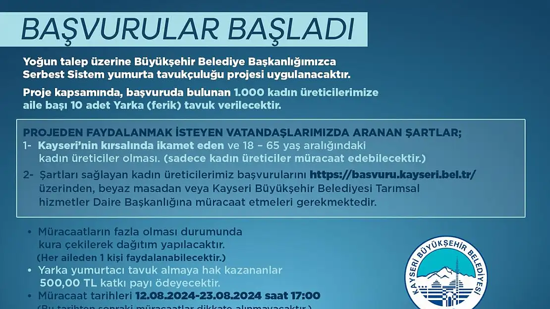 Büyükşehir'in 'Tavuklar Bizden Üretim Sizden' projesine başvurular başladı