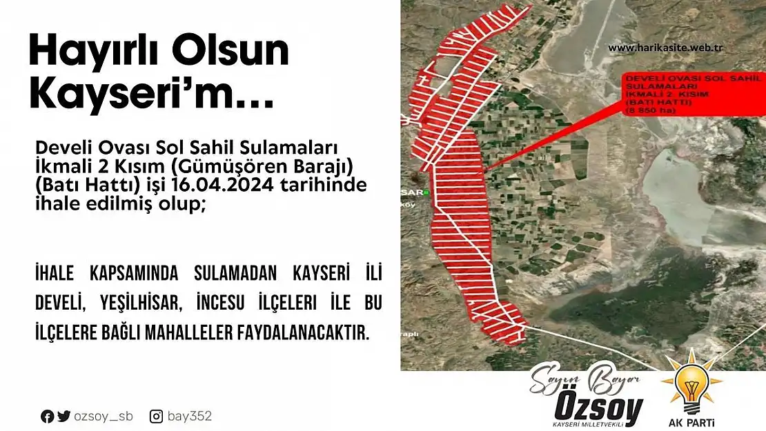 Develi Ovası Sol Sahil Sulamaları İkmali ihale edildi