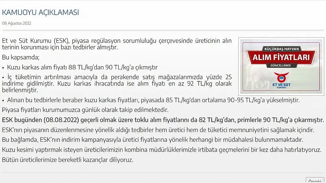 ESK, karkas et alım fiyatlarını revize etti'