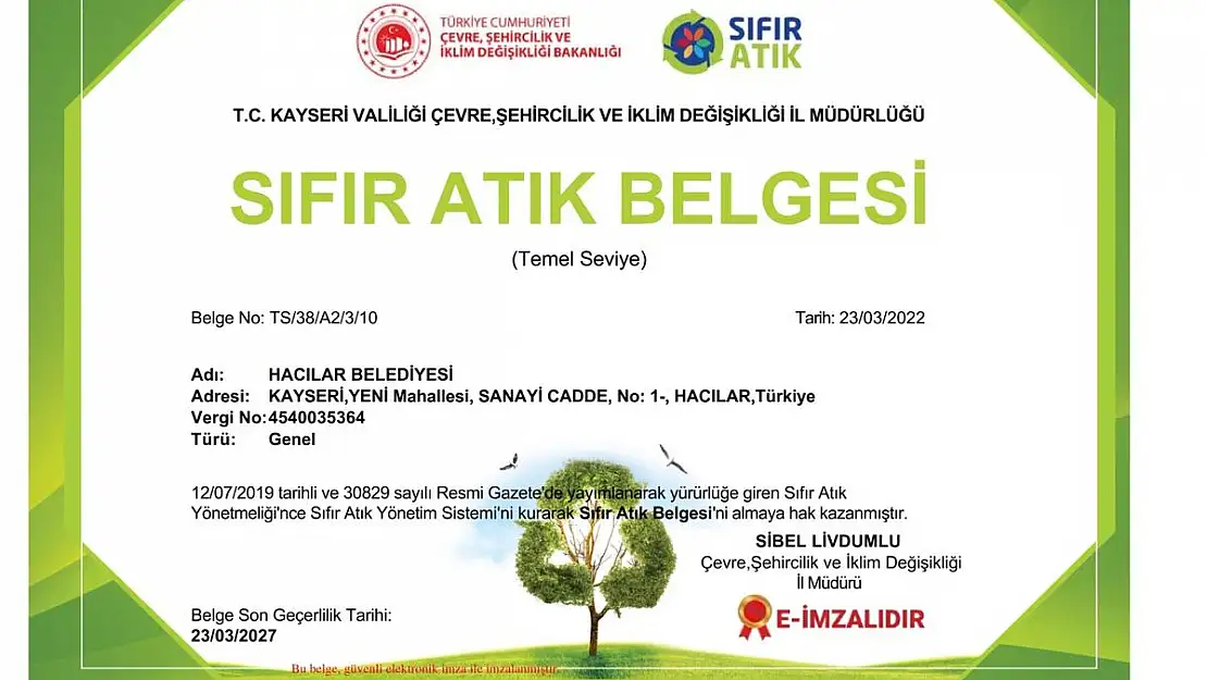 HACILAR BELEDİYESİ SIFIR ATIK BELGESİNİ ALDI