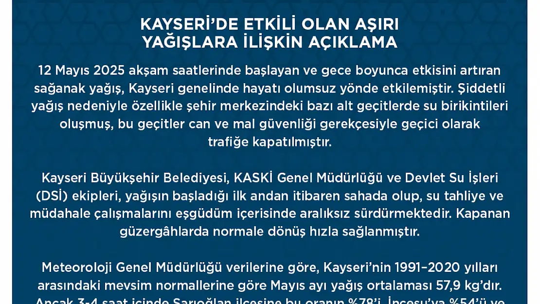 Kayseri'de şiddetli yağış hayatı felç etti