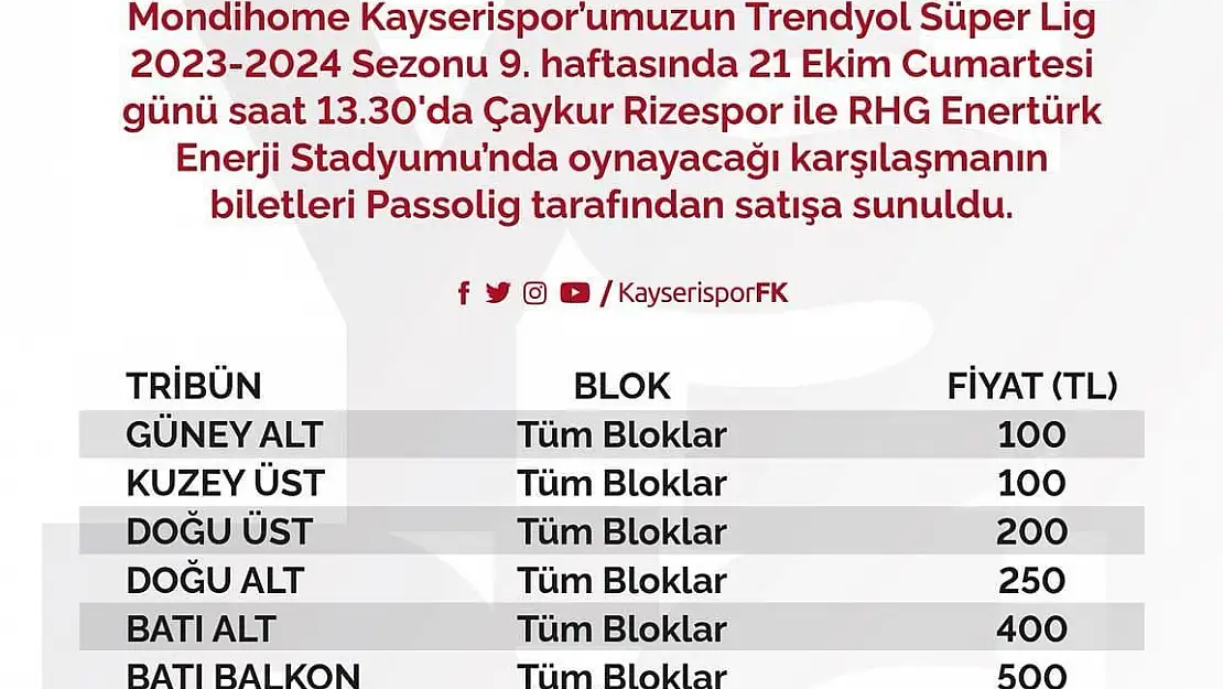 Kayserispor - Rizespor maçının biletleri satışa çıktı