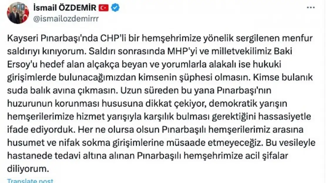 MHP Genel Başkan Yardımcısı  Özdemir, 'Kimse bulanık suda balık avına çıkmasın'