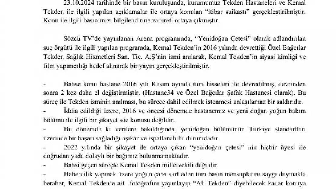 Tekden Hastaneleri'nden itibar suikastı açıklaması