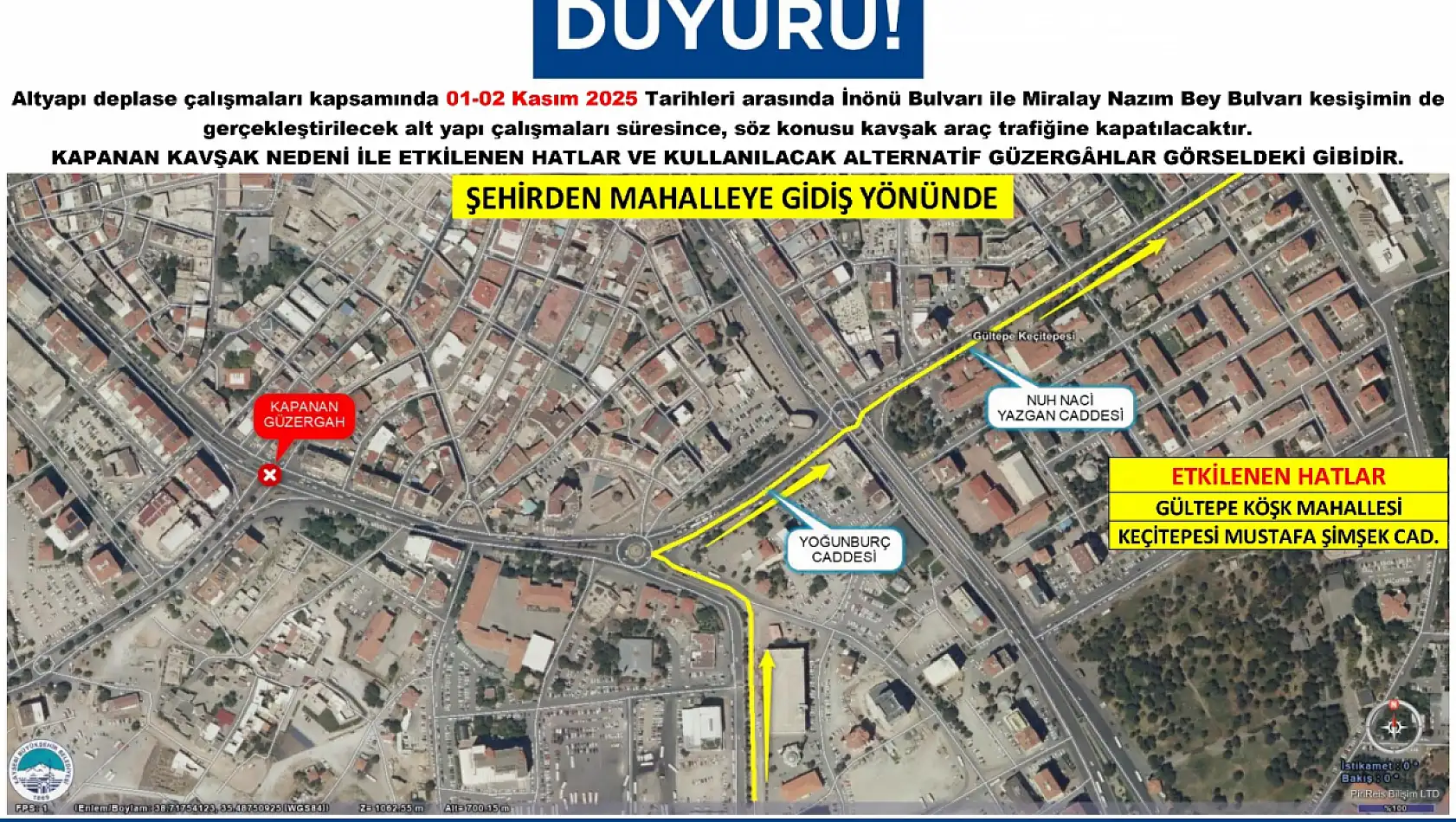 İnönü–Miralay Nazım Kavşağı 2 gün kapalı