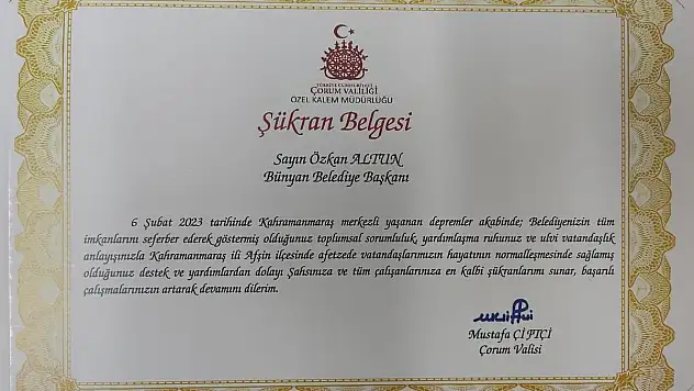 Afet bölgesinden şükran belgesi
