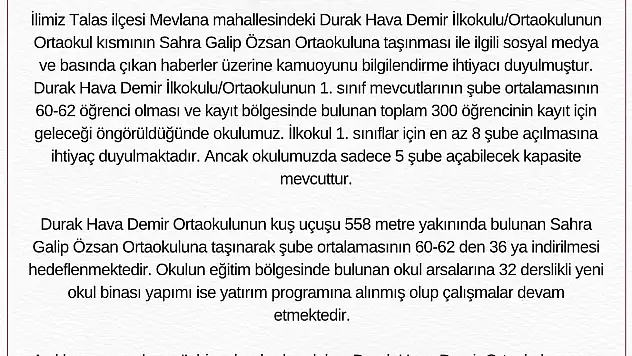 İl Milli Eğitim Müdürlüğü'nden nakil hakkında açıklama