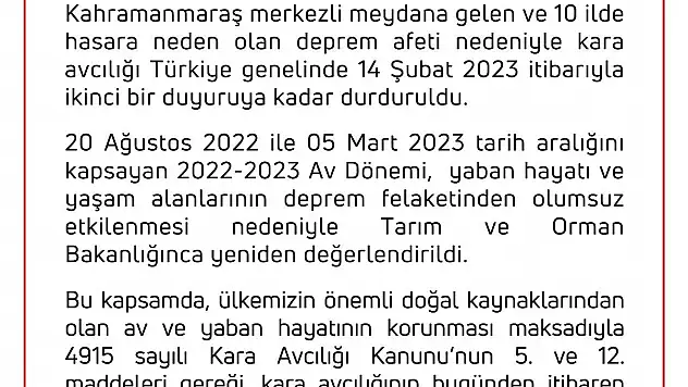 KARA AVCILIĞI DURDURULDU