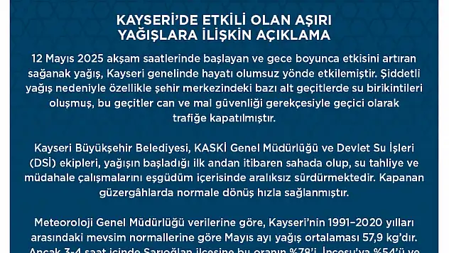 Kayseri'de şiddetli yağış hayatı felç etti