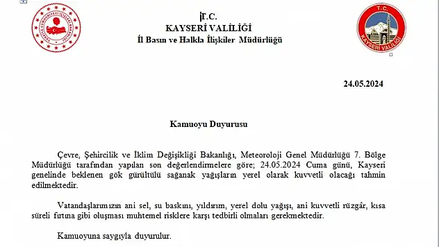 Kayseri genelinde gök gürültülü sağanak