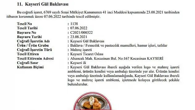 Kayseri Gül Baklavası tescillenerek coğrafi işaret aldı