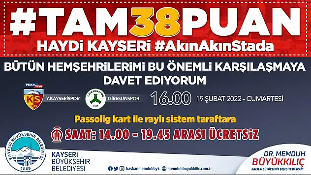 Kayserispor taraftarına ücretsiz ulaşım