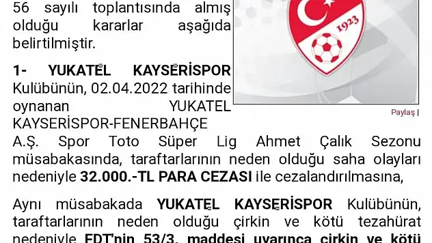 PFDK' DAN KAYSERİSPOR' A CEZA