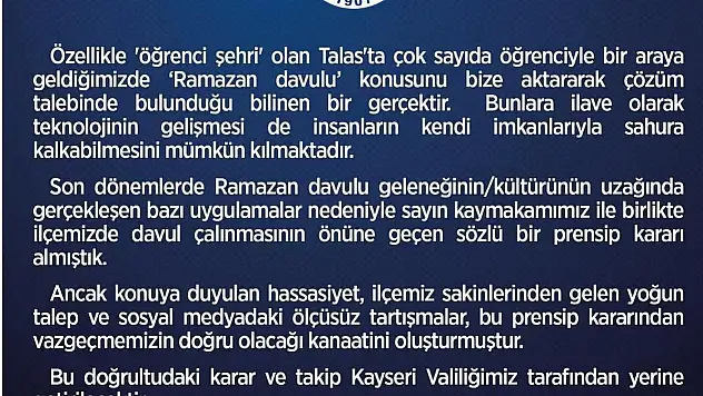 Talas'ta tepkiler üzerine vazgeçildi