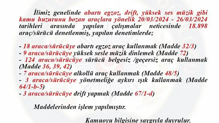 1 haftada 18 bin 898 araç denetlendi