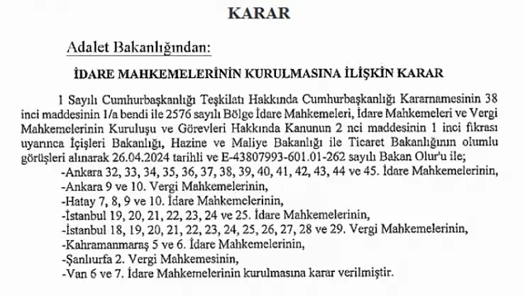 Adalet'e 44 İdare Mahkeme eklendi