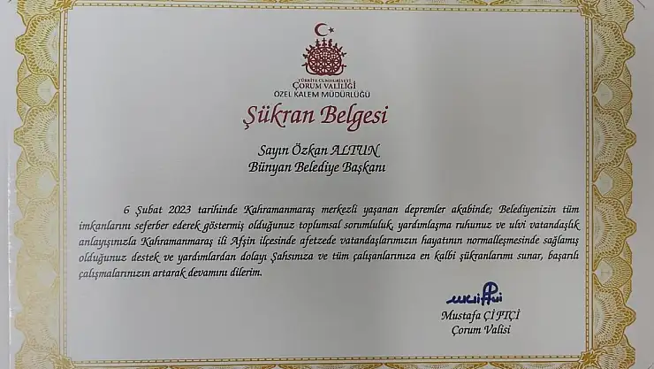 Afet bölgesinden şükran belgesi