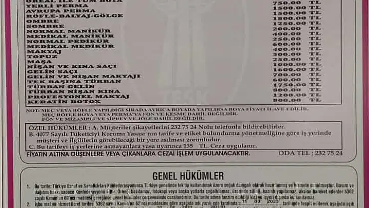 Berber tarifeleri zamlandı