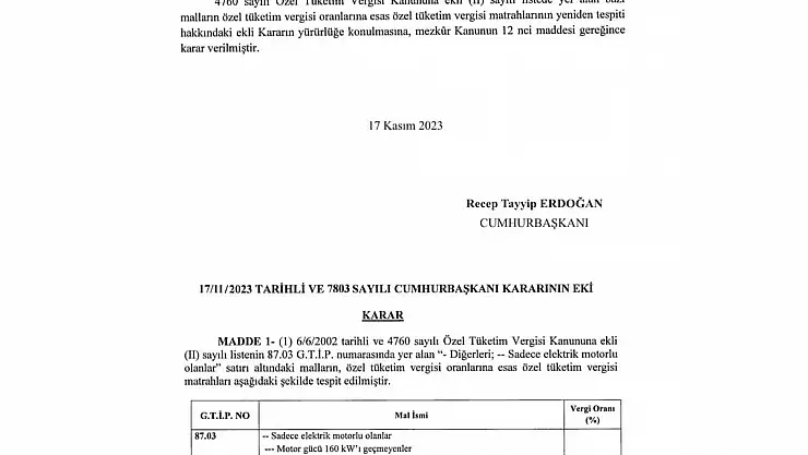 Elektrikli otomobillerde ÖTV matrahı artırıldı