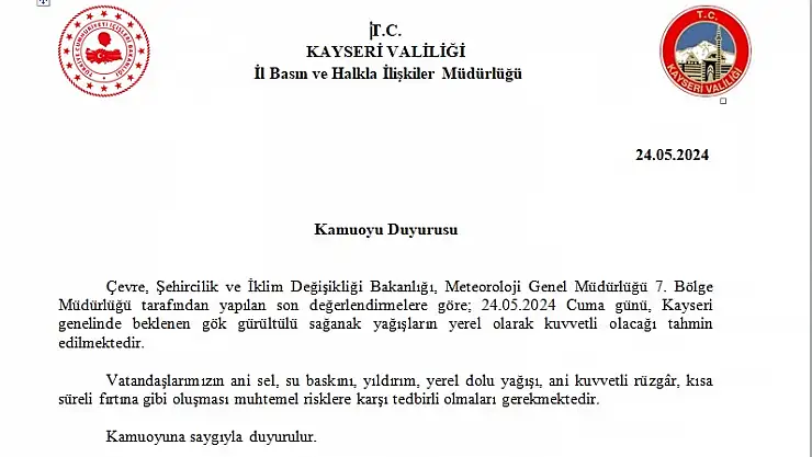 Kayseri genelinde gök gürültülü sağanak