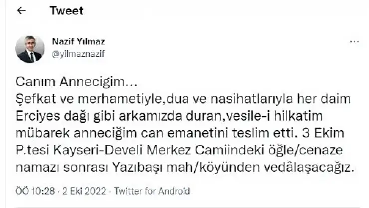 Kayserili Bakan Yardımcısı'nın acı günü