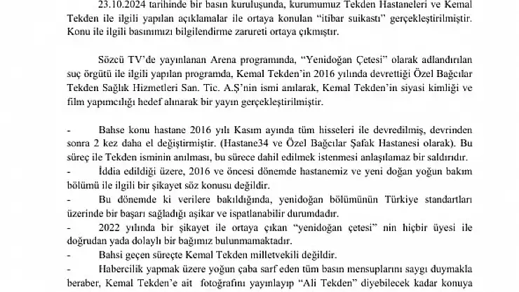 Tekden Hastaneleri'nden itibar suikastı açıklaması