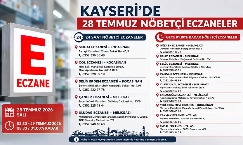 Kayseri'de 28 Temmuz Nöbetçi Eczaneler